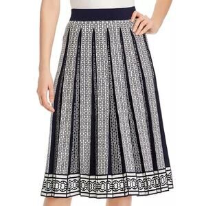 Tory Burch Knit Gemini Link Pleated Midi Skirt Navy White Womens Size Medium